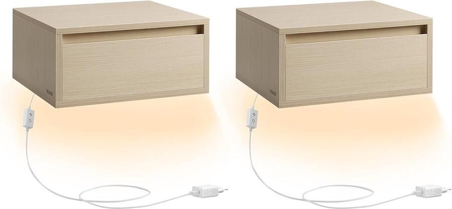 JGS Set van 2 Zwevende Nachtkastjes met 3-Kleurenlamp Modern Wandrek met Lade Natuurlijk Beige 35 x 40 x 18 cm