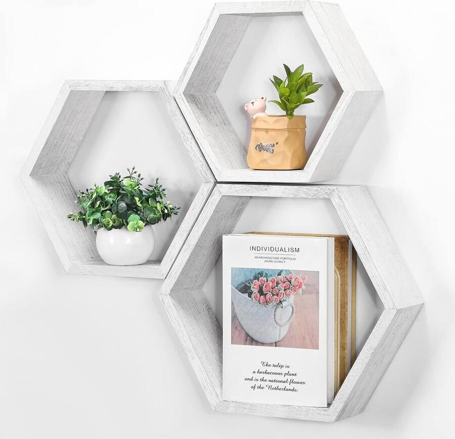 JGS Set van 3 Houten Zeshoekige Wandplanken voor Decoratieve Opslag en Weergave in Huis