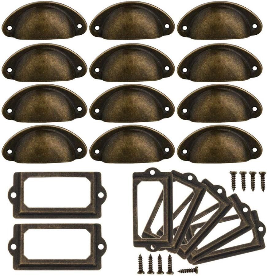 JGS Set van 32 Vintage Kastgrepen en Metalen Etikettenframes voor Meubels en Laden
