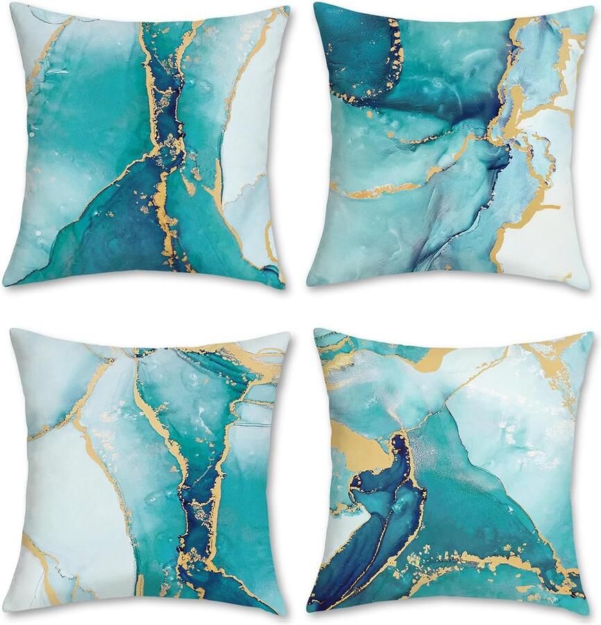 JGS Set van 4 kussenslopen marmer turquoise goud dubbelzijdig blauwgroen abstract modern fluweel decoratieve kussenhoezen voor bank slaapkamer woonkamer woondecoratie