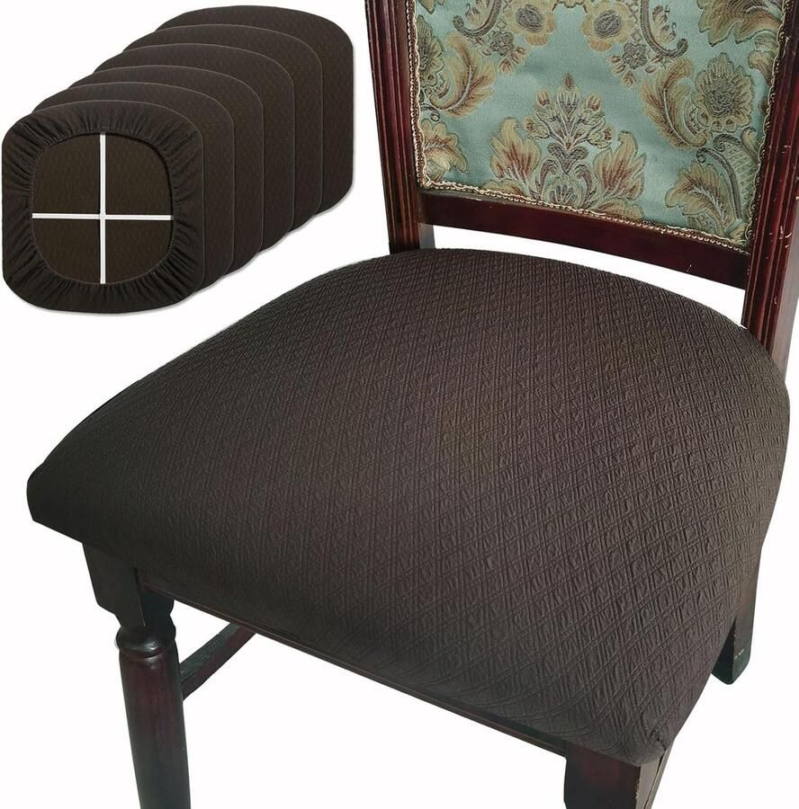 JGS Set van 6 Luxe Eetkamer Stoelhoezen van Rekbare Jacquard Stof in Bruin