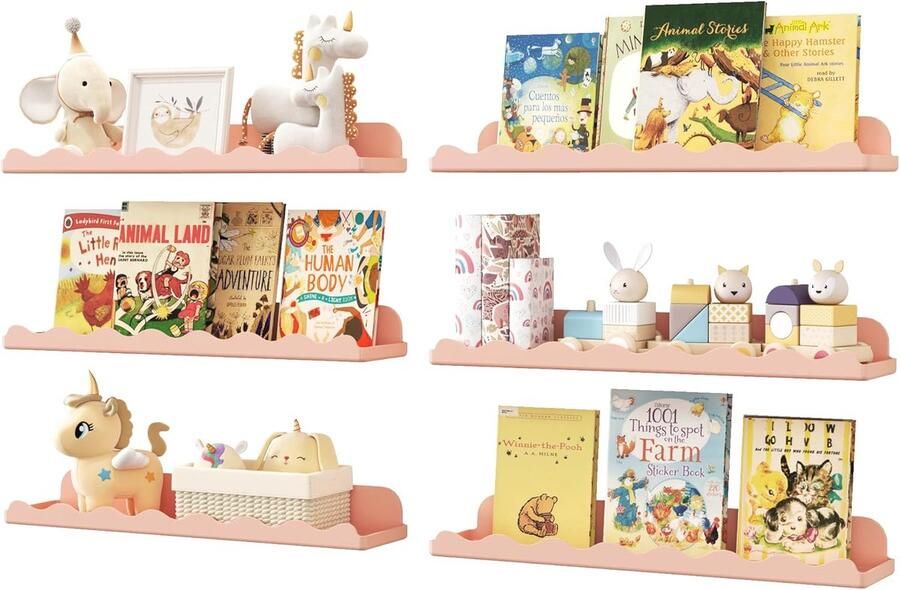 JGS Set van 6 Wandplanken voor Kinderkamerdecoratie in Roze Ideaal voor Boeken en Speelgoedopslag