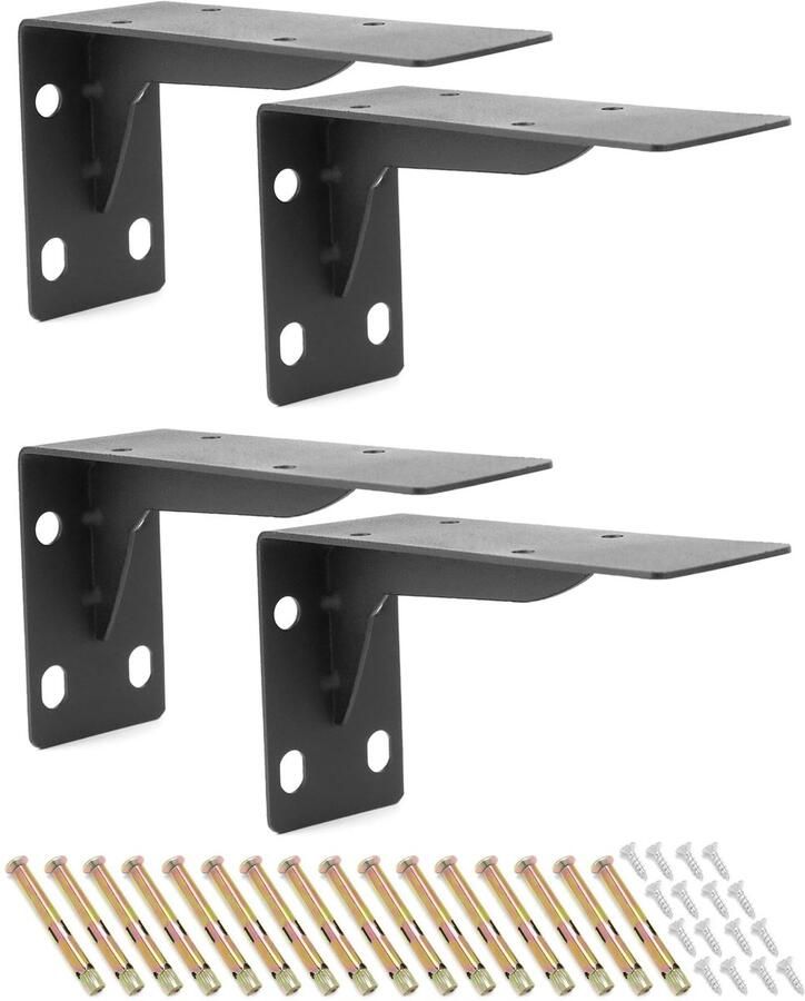 JGS Stevige Metalen Hoekige Wandplankhouders voor Zware Lasten Set van 4 in Stijlvol Zwart