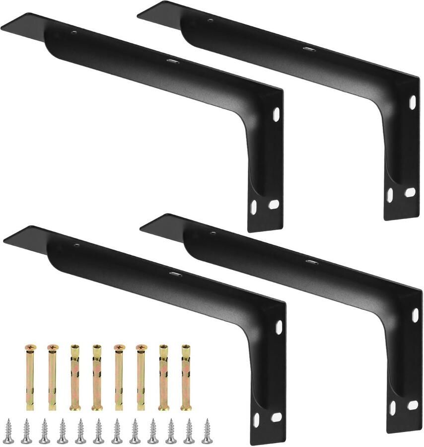 JGS Stevige Metalen Wandplankhouders voor Zware Belasting en Elegante Uitstraling Set van 4 Mat Zwart