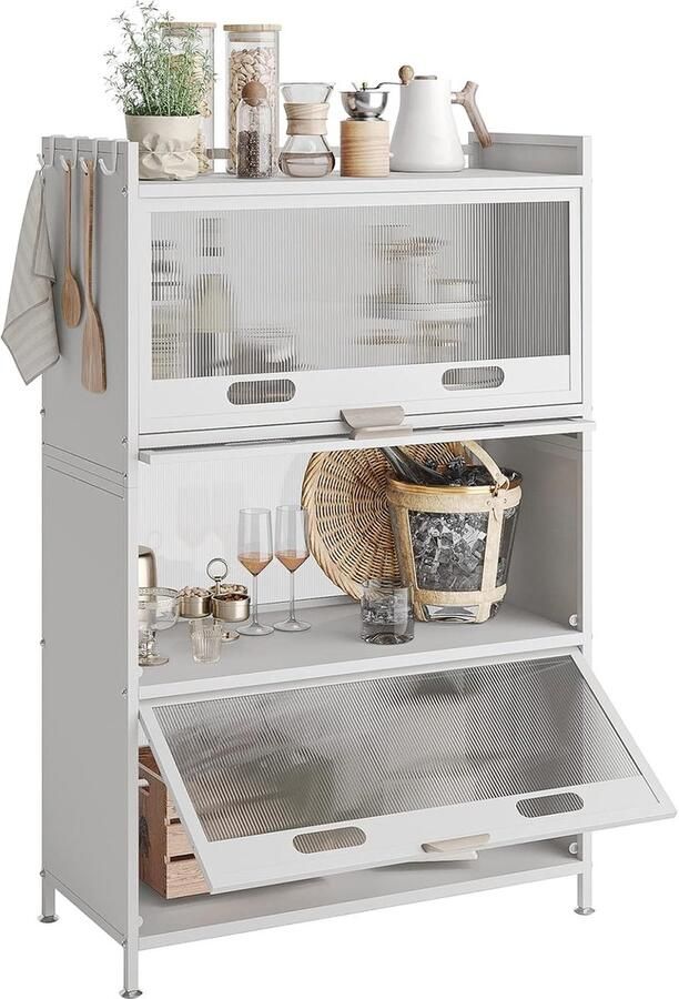 JGS Stijlvol 4-Traps Keukenrek op Wielen Magnetronkast met Zichtbare Deuren Vintage Wit