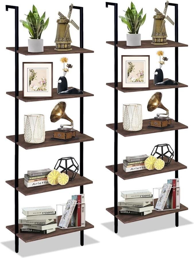 JGS Stijlvol Bruin Ladderrek voor Woonkamer Boekenkast met 5 Niveaus Industrieel Wandrek van 60 x 30 x 183 cm