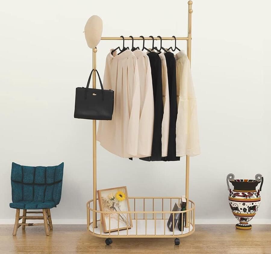 JGS Stijlvol Kledingrek met 4 haken Wieltjes en Kledingstang Goudkleurig en Metalen Kapstok Standaard