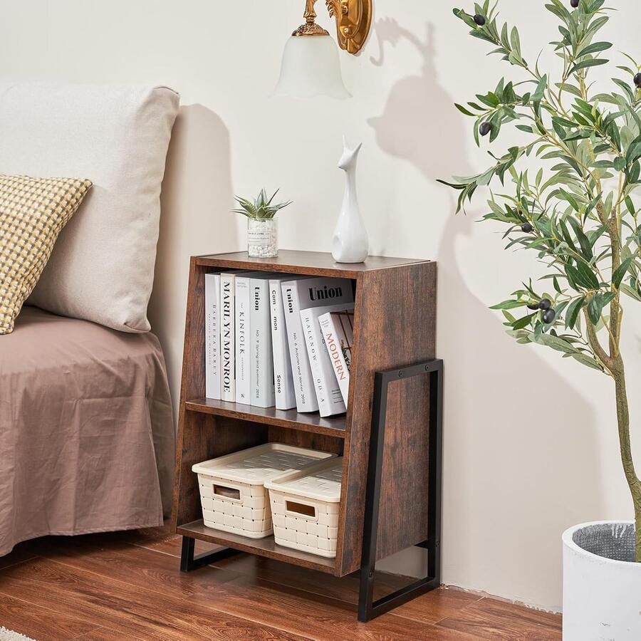 JGS Nachtkastje met 2 lagen slank nachtkastje houten opbergruimte zwart nachtkastje telefoontafel nachtkastje voor bank woonkamer kinderkamer bed 50 x 32 x 68 cm