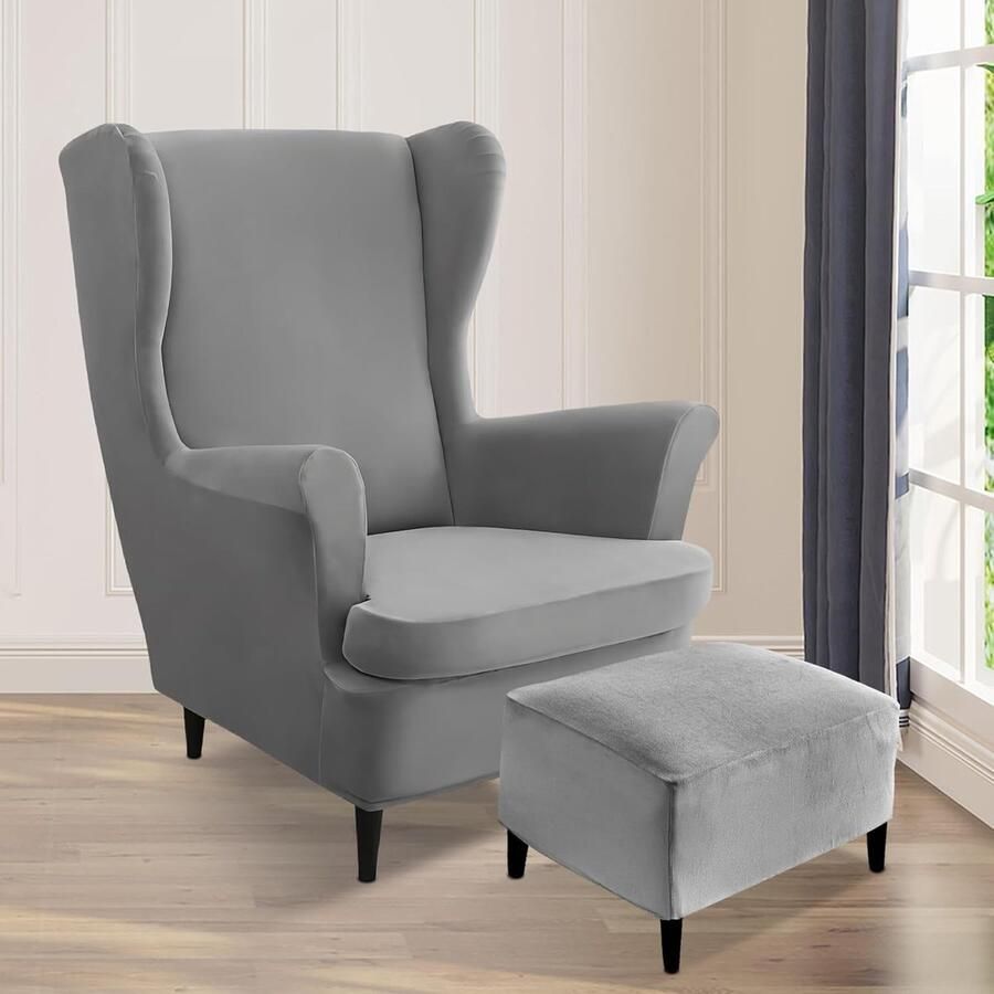 JGS Stijlvolle 3-Delige Hoes voor Fauteuil en Voetenbank in Donkergrijs