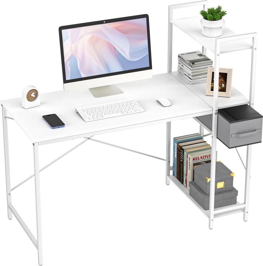 JGS Computerbureau 124 cm omkeerbaar bureau met plank en lade kleine kantoortafel met opbergvakken voor kantoor woonkamer thuis sterkere X-vormige houder