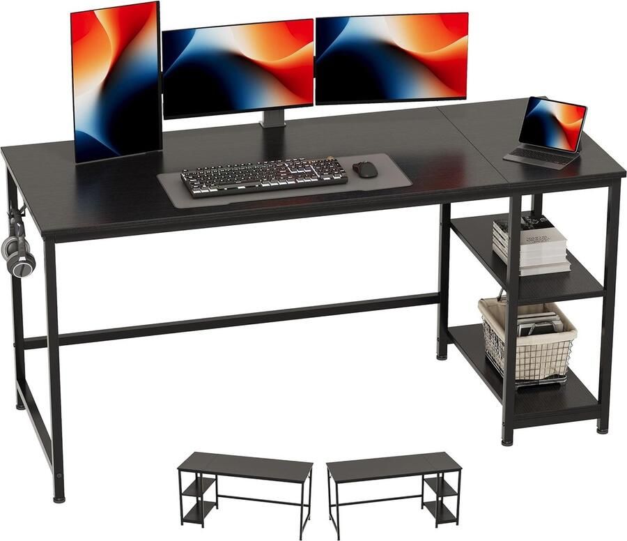 JGS Bureau met Twee Planken voor Studenten en Professionals Houten Tafel voor Thuis en Kantoor Zwart 152 x 60 x 75 cm