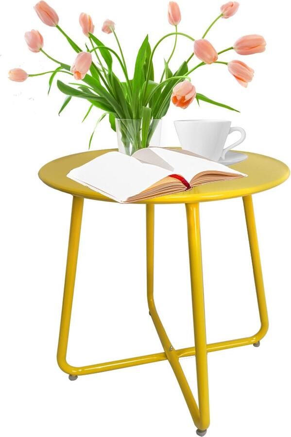 JGS Stijlvolle en Functionele Ronde Bijzettafel voor Terras en Tuin in Lichtgeel Metaal