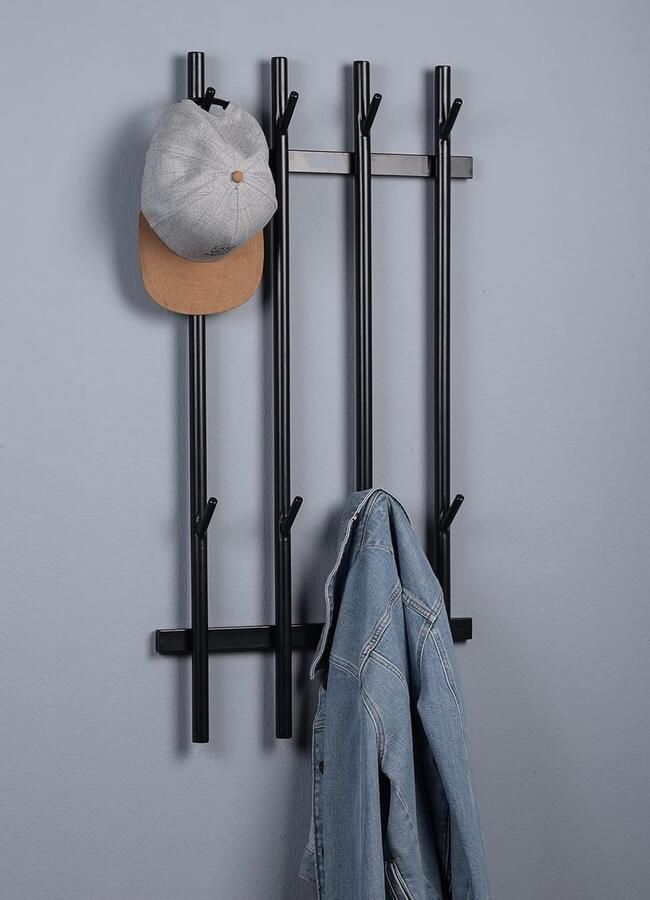 JGS Stijlvolle en Ruimtebesparende Metalen Wandkapstok met Acht Haken in Zwart 46x90x8 cm