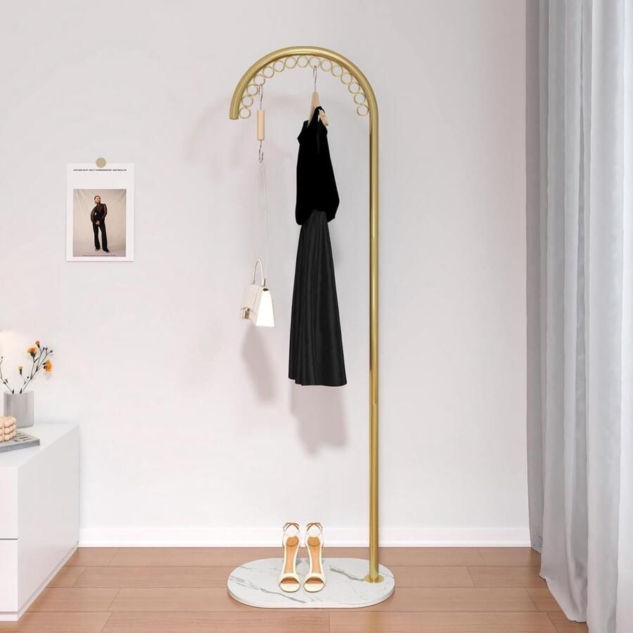 JGS Stijlvolle & Vrijstaande Metalen Kledingstandaard Gouden Garderoberek met Marmeren Basis en 15 Haken Ideaal voor Winkel & Thuis 50 x 30 x 162 cm