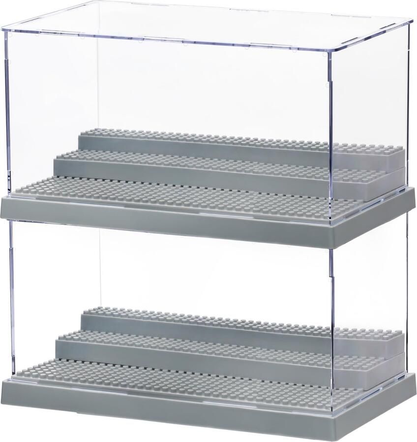 JGS Stijlvolle Grijze Acryl Displaykast met Drie Niveaus voor Verzamelaars en Bouwsteenliefhebbers