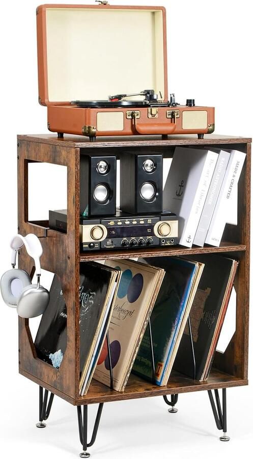 JGS Stijlvolle Houten Platenspeler Tafel met Opbergruimte en Metalen Poten voor Vinylcollectie