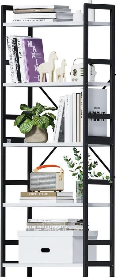 JGS Stijlvolle Industriële Boekenkast met 5 niveaus Houten opbergrek voor Woonkamer Slaapkamer Keuken en Kantoor (30 x 60 x 158 cm wit-zwart)