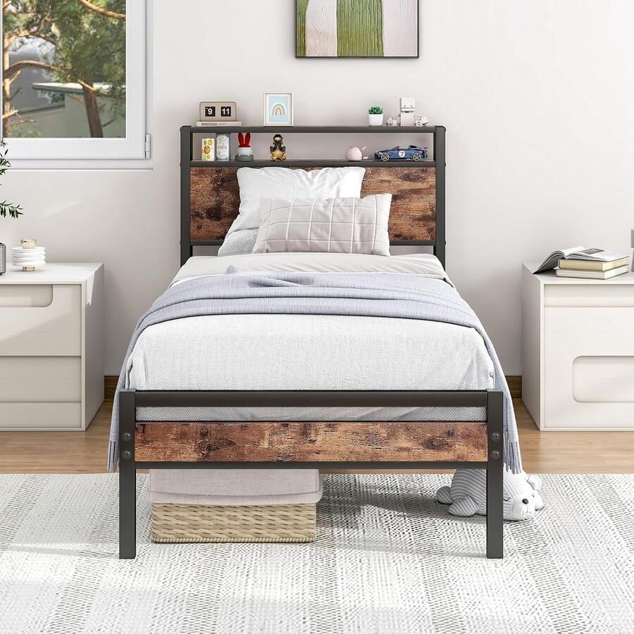 JGS Stijlvolle Metalen Bedframe 90 x 200 cm met Houten Opbergruimte en Lattenbodem