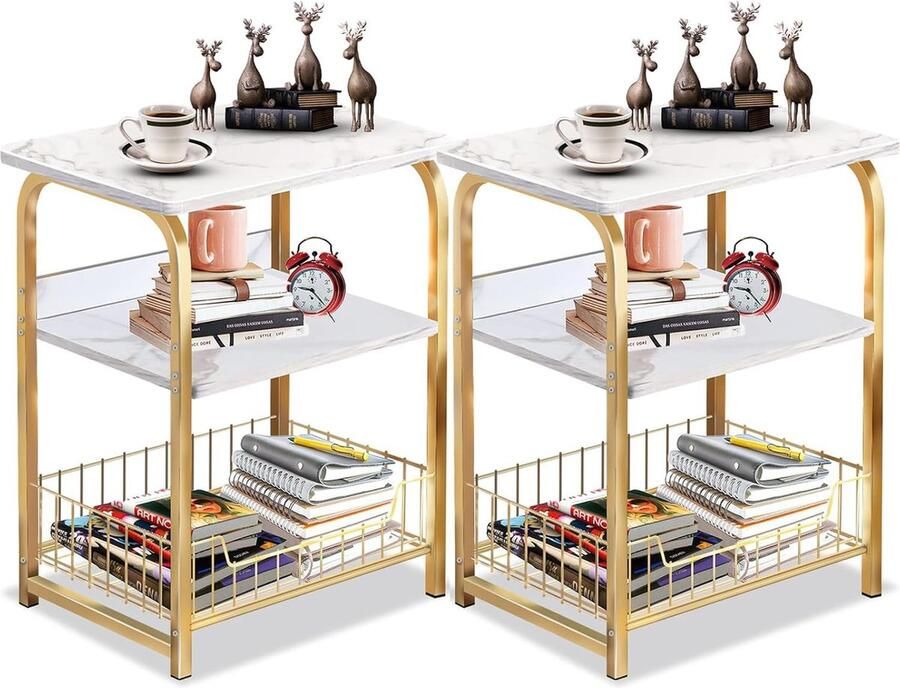 JGS Bijzettafel Nachtkastje 3 Niveaus Bijzettafel Salontafel met Plank Salontafel Telefoontafel Nachtkastje voor Slaapkamer Woonkamer 40 x 30 x 56 cm Wit + Goud (2