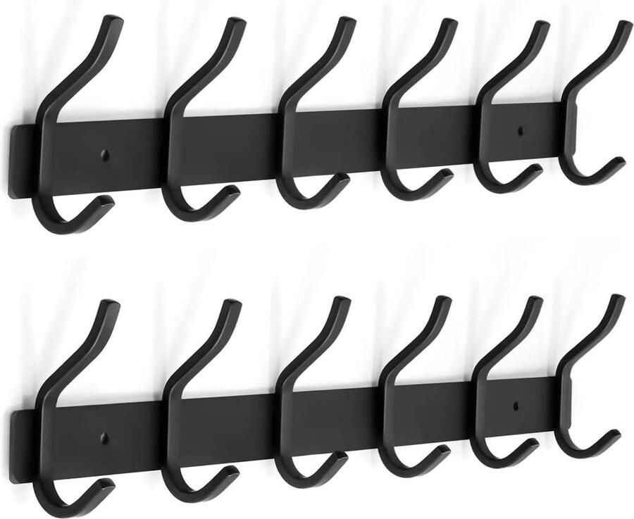 JGS Stijlvolle Muurkapstok met 6 RVS Haken voor Slaapkamer en Badkamer Zwart Set van 2
