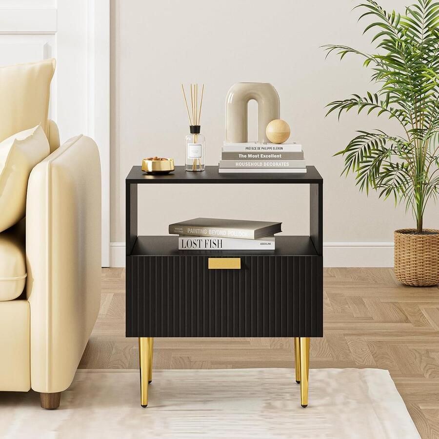 JGS Stijlvolle Nachttafel met Ribbelpatroon en Ruime Opberglades voor Slaapkamer en Woonkamer