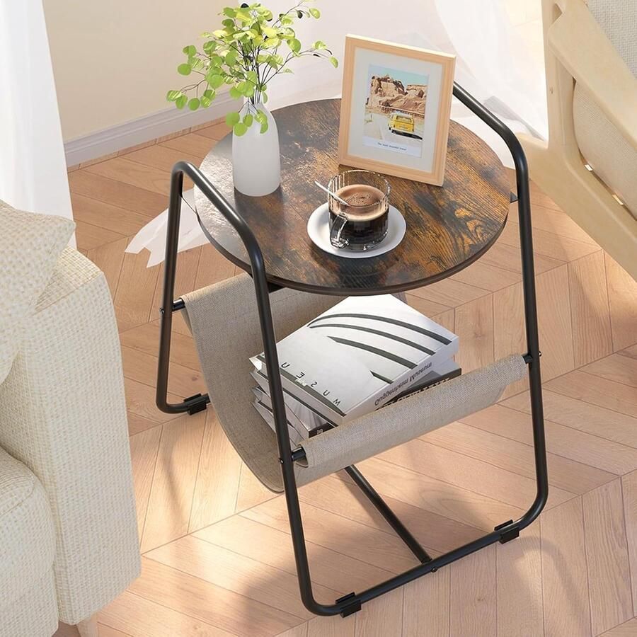 JGS Stijlvolle Ronde Bijzettafel met Opslag voor Woonkamer en Slaapkamer in Rustieke Bruine Tint