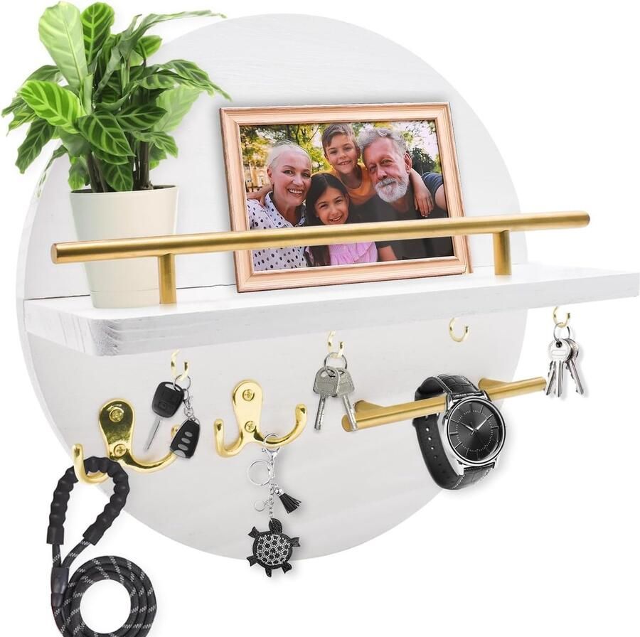 JGS Stijlvolle Ronde Wandorganiser met Plank en Sleutelhouder voor Thuis en Kantoor