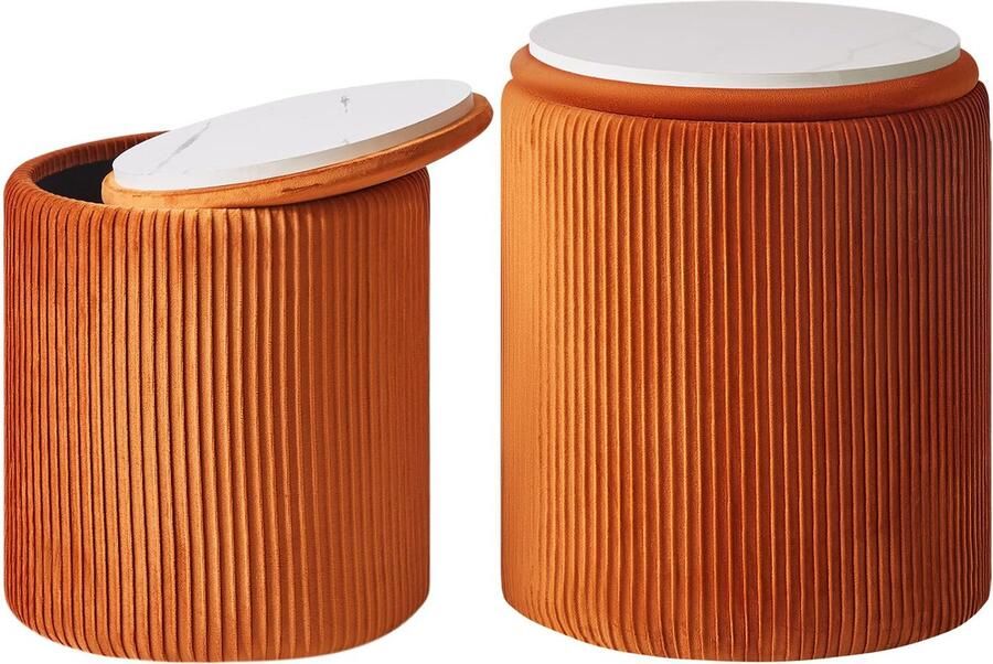 JGS Stijlvolle Set van 2 Multifunctionele Ronde Fluwelen Krukken met Opbergruimte in Oranje