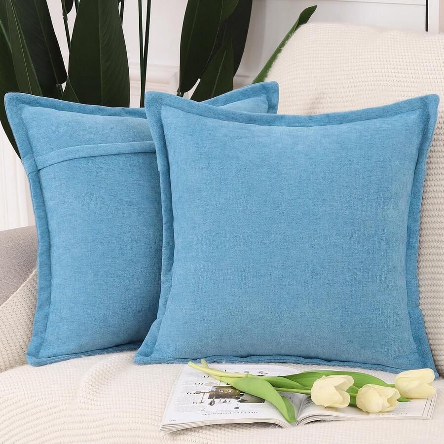 JGS Stijlvolle Set van 2 Zachte Chenille Kussenhoezen met Franjes voor Bank en Slaapkamer Blauw 50 x 50 cm