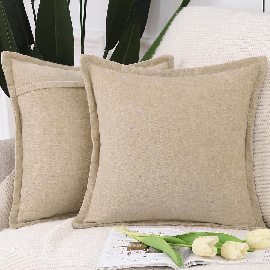 Ibenzoa Elegante Set van 2 Kussenslopen met Chenille en Franjes voor Bank en Slaapkamer in Camel Kleur