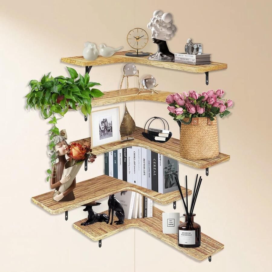 JGS Stijlvolle Set van 5 Zwevende Houten Wandplanken voor Ruimtes in Huis