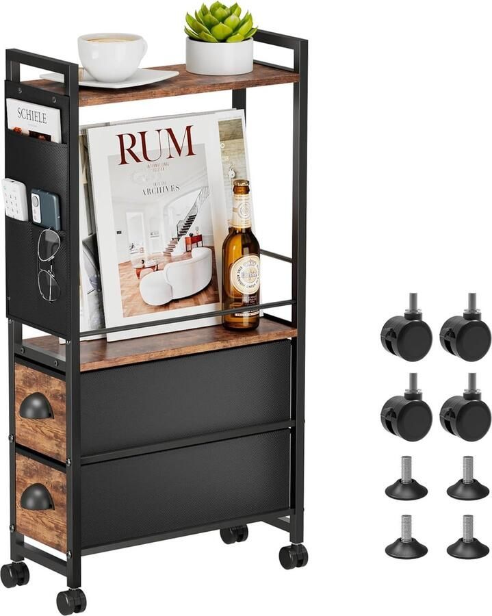 JGS Stijlvolle Smalle Bijzettafel met Opberglades Nachttabel op Wielen Ruimtebesparend Tijdschriftenrek voor Slaapkamer en Woonkamer