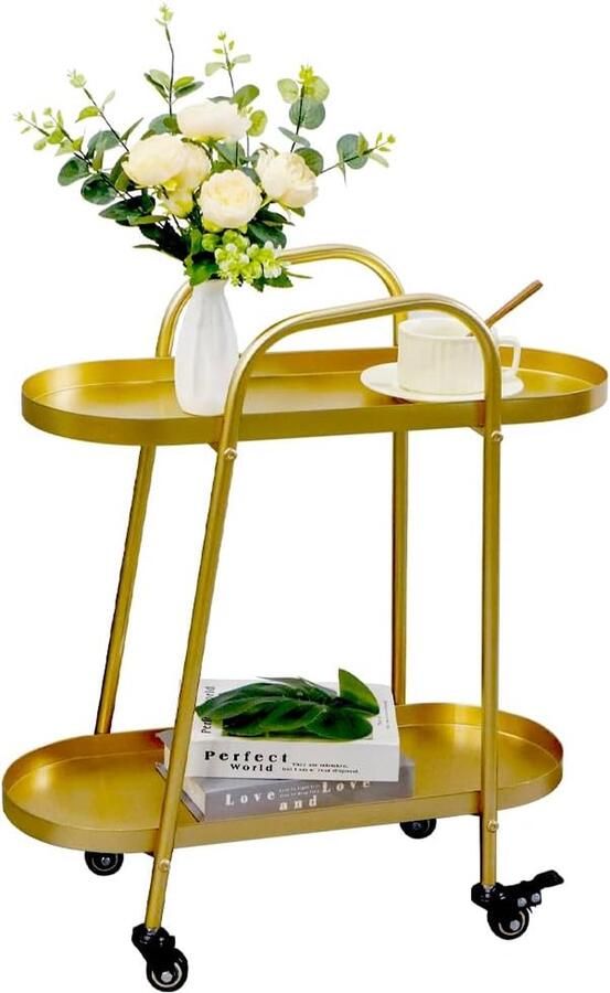 JGS Stijlvolle Vergulde Serveerwagen met 2 Lagen Rolbaar Meubelstuk voor Keuken Eetkamer en Woonkamer