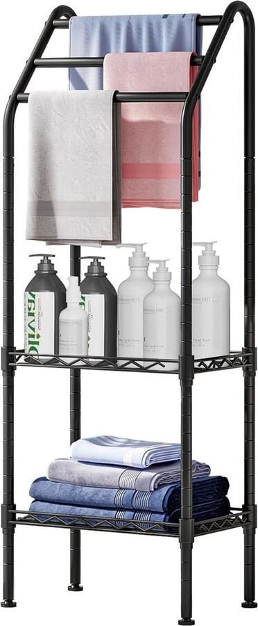 JGS Stijlvolle Vrijstaande Handdoekenrek Met Drie Stangen En Twee Verstelbare Planken Voor Badkamer
