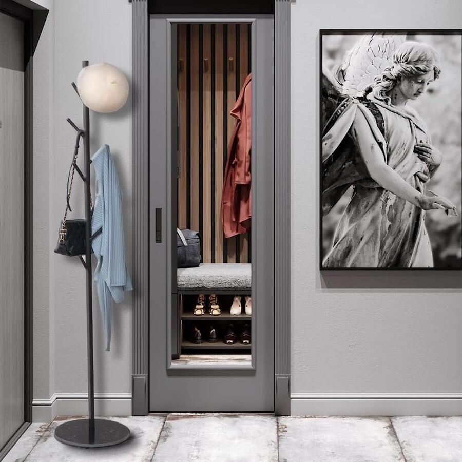 JGS Stijlvolle Vrijstaande Kapstok Marmeren Basis met 8 Metalen Haken Boomvormige Garderobe Stand voor Jassen Tassen Stabiele Moderne Jasstandaard Zwart