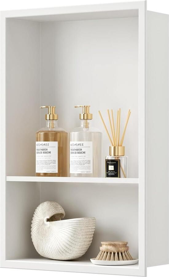 JGS Stijlvolle Wandnis Douche Roestvrij Staal Dubbele Plank Opslag 45 x 30cm Praktisch & Elegant voor Badkamer Wit