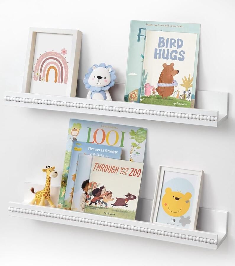 JGS Stijlvolle Witte Wandplank voor Kinderkamer en Keuken met Houten Kraalontwerp