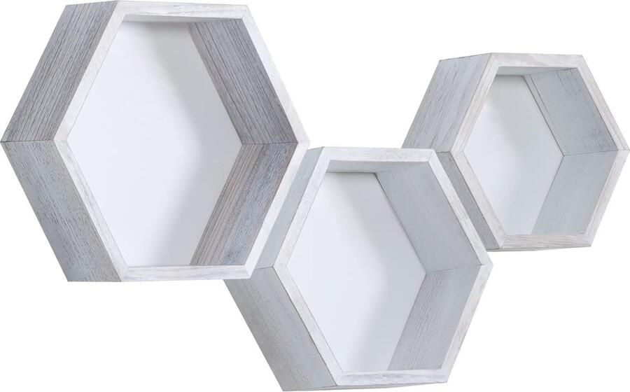 JGS Stijlvolle Zeshoekige Houten Wandplanken voor Woonkamer en Slaapkamer Decor Set van 3