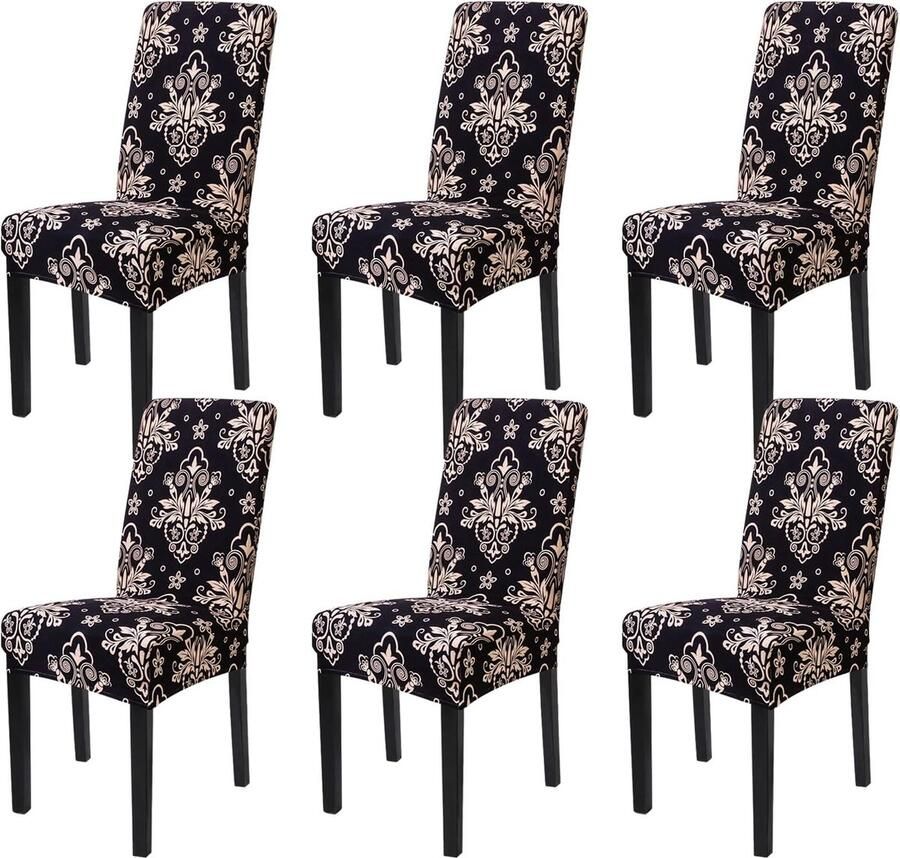 JGS Stoelhoezen 6 stuks afneembare wasbare stoelhoezen stretch stoelhoezen met elastische band voor hotels banketten restaurants thuis feesten bruiloften (zwarte bloemen 6 stuks)
