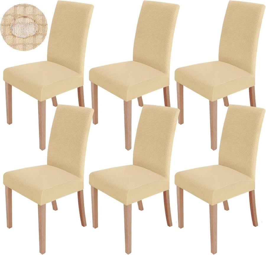 JGS Stoelhoezen Set van 6 Stretch Stoelhoezen Moderne Stoelhoezen Elastisch Afneembare Wasbare Stretch Hoes voor Eetkamerstoelen Schommelstoelhoes Bruiloft Kantoor Banketten Feestdecoratie (Geel Crème)
