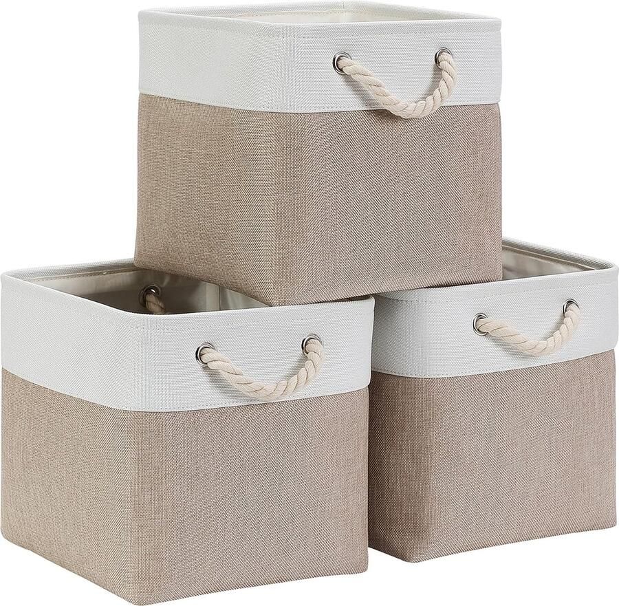 JGS Stoffen opbergdoos opbergmand licht kaki wit manden stof in blokjes (33 x 33 x 33 cm) voor kast plank en kleding opvouwbaar 3 stuks