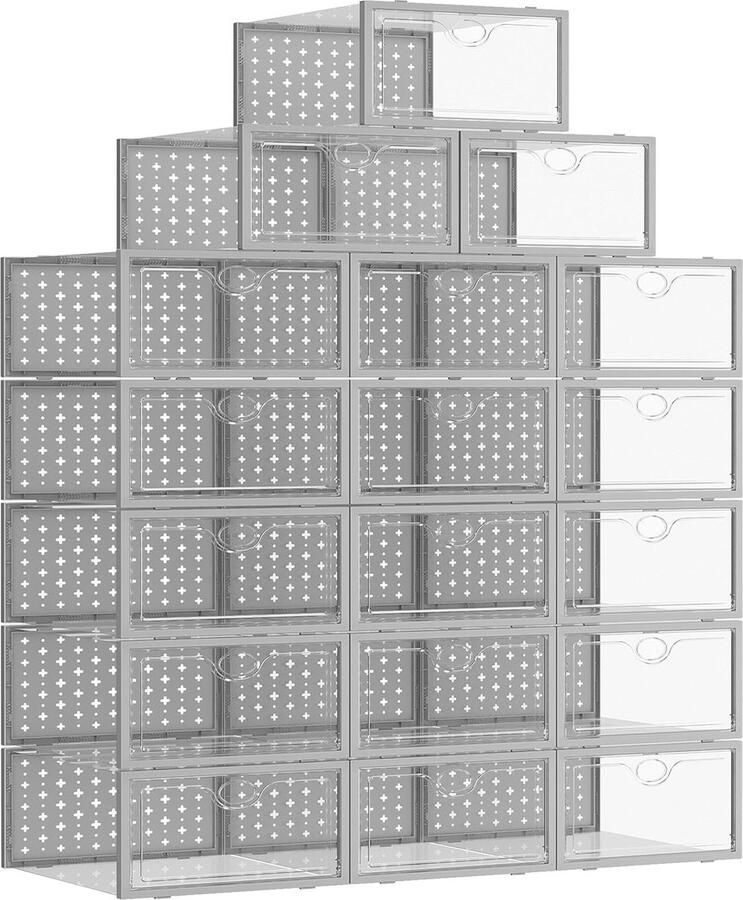 JGS Schoenendozen stapelbaar transparant verpakking van 18 opvouwbare schoenendoos van hard plastic met deksel wenselijke schoenenorganizer schoenenopslag voor hoge hakken enkellaarsjes tot grijs