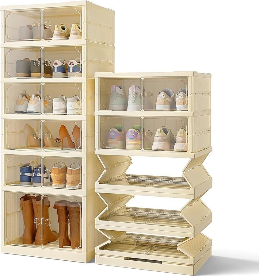 JGS Transparante Stapelbare Schoenendozen Opvouwbare Multifunctionele Schoenenkast met 6 Etages Ruimtebesparend en Duurzaam