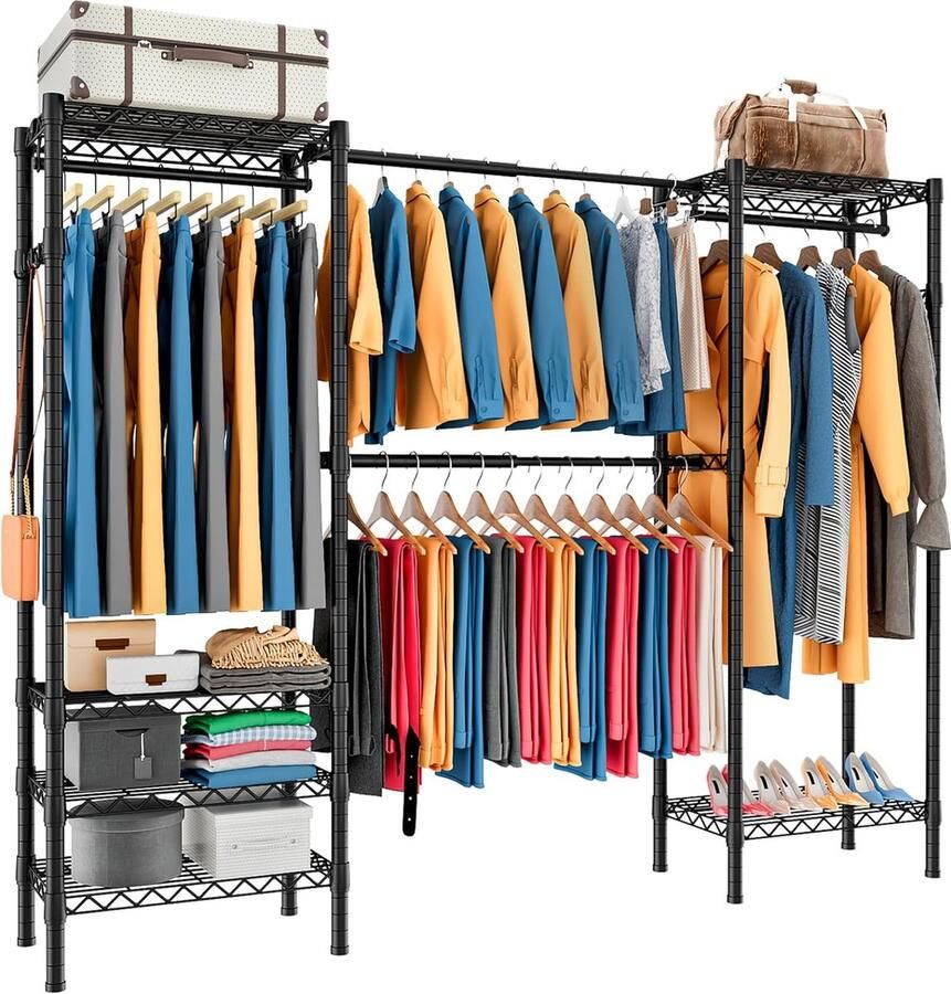JGS Uitbreidbaar kledingrek kledingstang (70 3 89 8 inch) L x 14 inch B x 71 3 inch H zwaar uitgevoerd kledingrek metalen garderobe kledingrek kledingkast met haken (zwart)