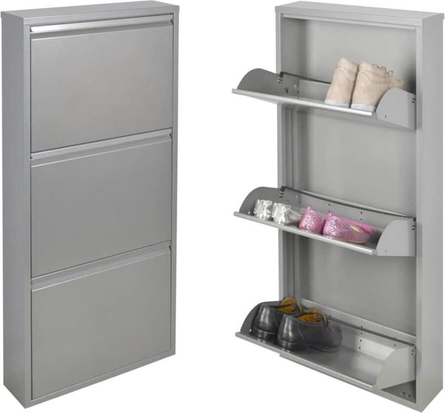 JGS Slanke Schoenkast met 3 Deuren Grijs Geen Montage Geschikt voor 6-9 Paar Schoenen Metaal