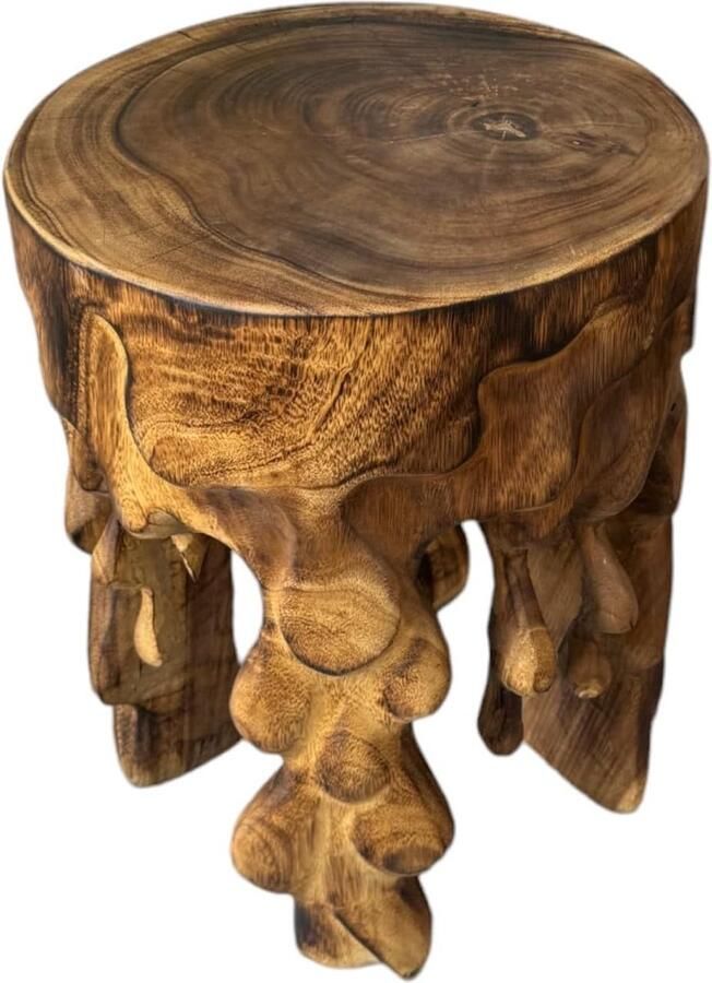 JGS Unieke Handgemaakte Houten Kruk Bijzettafel van Massief Suarhout 45 x 35 x 35 cm