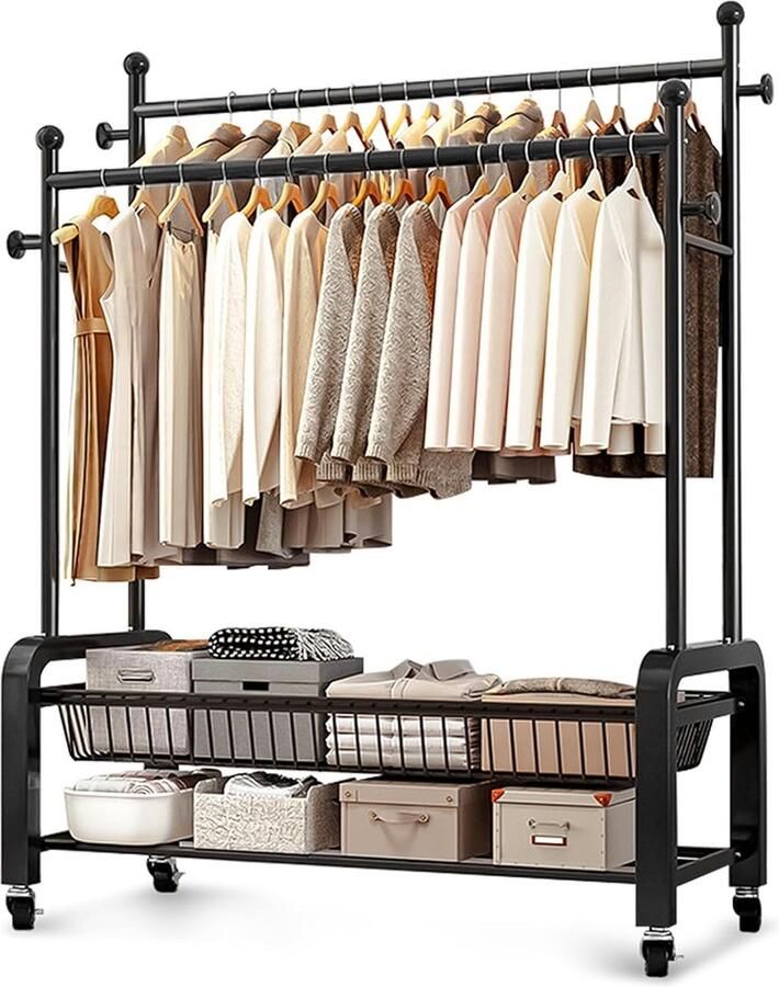 JGS Verrijdbaar Kledingrek met Dubbellaagse Opslag Stabiel en Ruimtebesparend Zwart Kledingstang