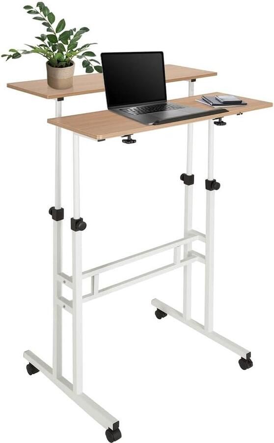 JGS Staand bureau in hoogte verstelbaar werkstation 80 x 60 cm wit eikenhouten computerbureau met wielen laptoptafel kantelbaar