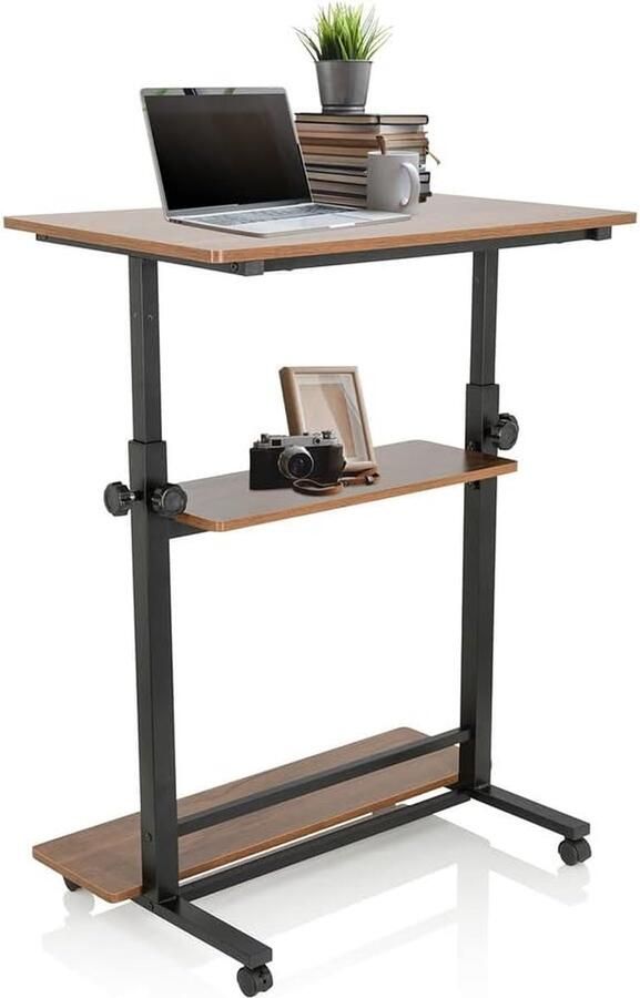 JGS Staand bureau in hoogte verstelbaar werkstation II 80 x 50 cm mobiel computerbureau met wielen laptoptafel zwart walnoot