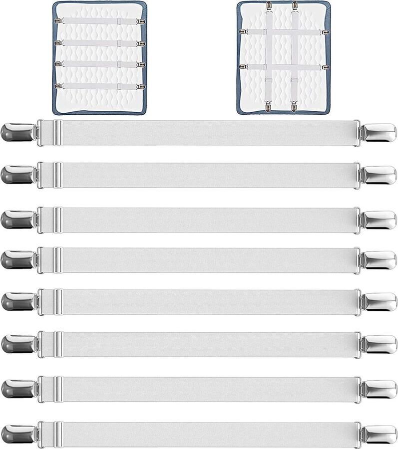 JGS Verstelbare bedlakenspanners 8 stuks 55-250 cm spanbanden elastische beddoekspanners witte lakenspanners met metalen clips voor bedlaken matras strijkplank of bank